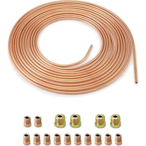 7,6 m kopparbromsslang, bromsrör, OD 4,76 mm, ID 3,3 mm med 16 muttrar
