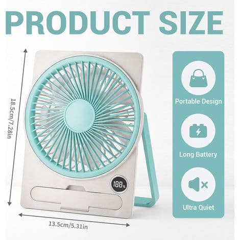 Bordventilator, Lydløs USB-ventilator, Mini Lydløs Ventilator med 5 Hastigheder, LED-display, Lille Bærbar Ventilator (Blå)