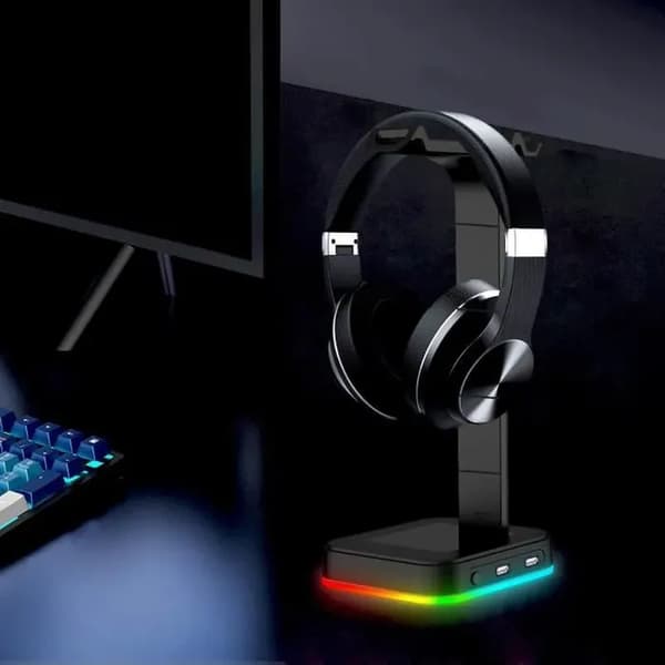 Premium RGB-gamingheadsetställ, dubbelt headsetställ, basdisplayställ, 2 USB-portar