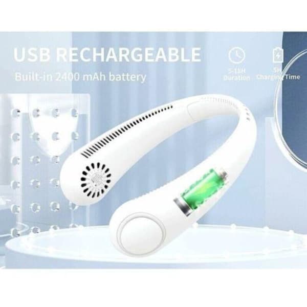 Bærbar halsventilator. USB-halsventilator, til håndfri brug. Tre ventilatorhastigheder. (Hvid)