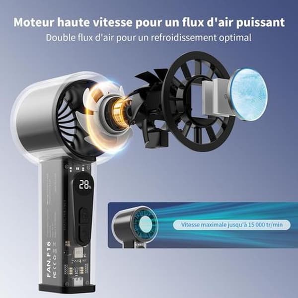 Bærbar lommeventilator med integreret kølefunktion. LED-display. Sort gennemsigtigt kabinet.
