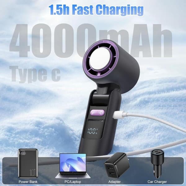 Mini bærbar ventilator – justerbar blæserhastighed (1 til 100) – 4000 mAh batteri – digitalt display – grå