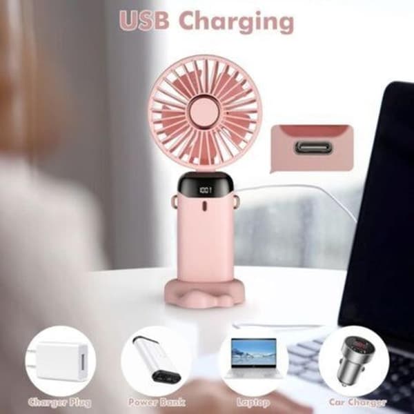 Mini bærbar ventilator, USB genopladelig - 5 blæserhastigheder - LED-display - Stille drift - Pink