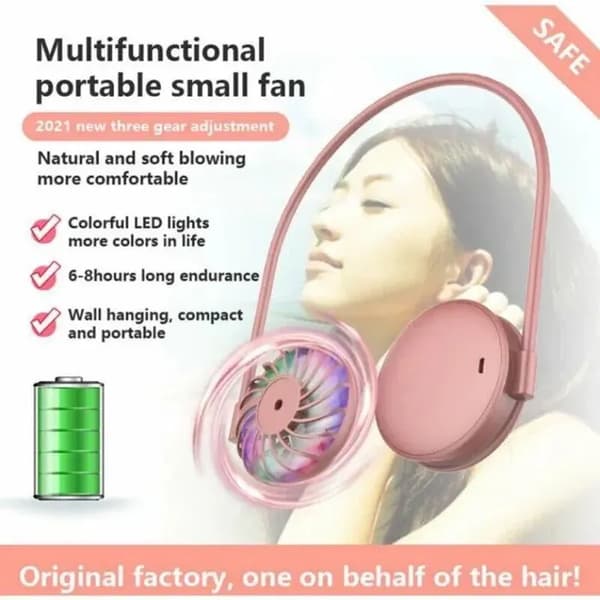 Justerbar mini-halsventilator (lyserød) med 3 vindhastigheder, USB-opladning, perfekt til sommeren.