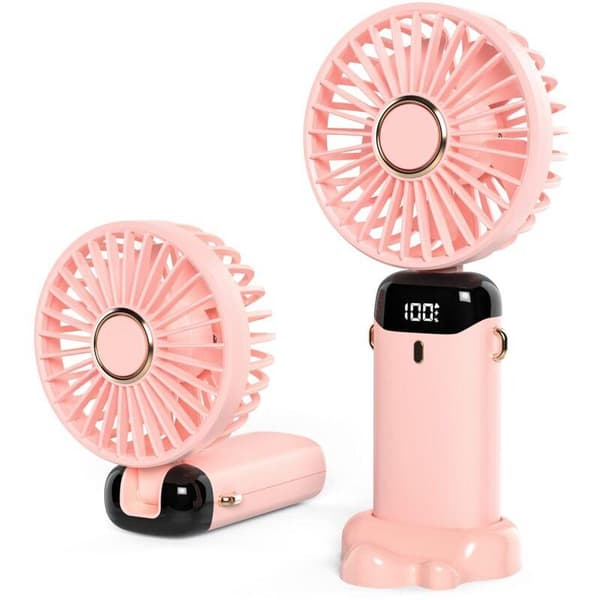 Mini bærbar USB-bordventilator, 5 ventilatorhastigheder, indbygget USB-batteri. Sammenklappelig ventilator (pink).
