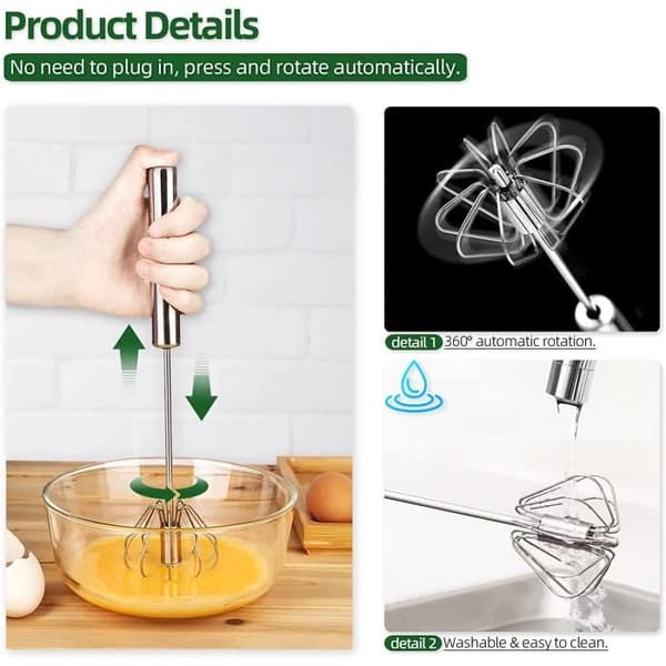Halvautomatisk Piskeris - Rustfrit Stål - 3 Stk. - Multifunktionel - Roterende Mixer