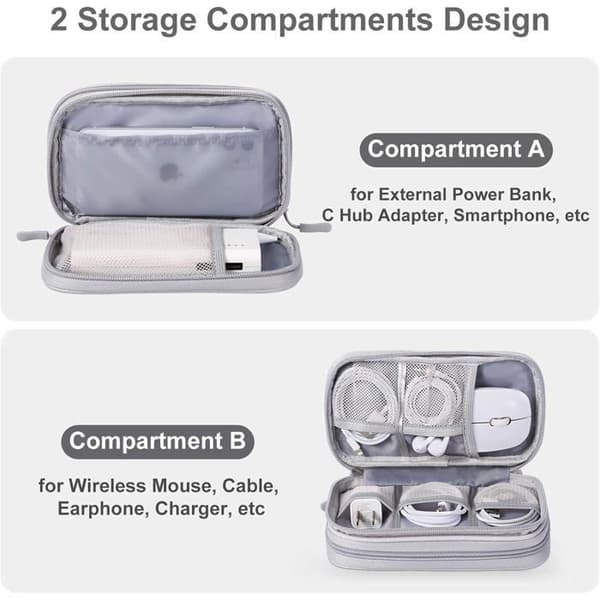 Lysegrå opbevaringspose til elektronisk tilbehør - Til AC-adapter, oplader, kabler, mus - Ideel til rejser