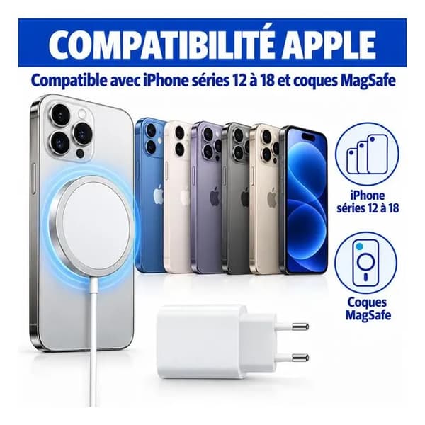 Trådløs lader - MagSafe-kompatibel - iPhone 14/13/12/11 - Hurtiglading - USB-C - Hvit