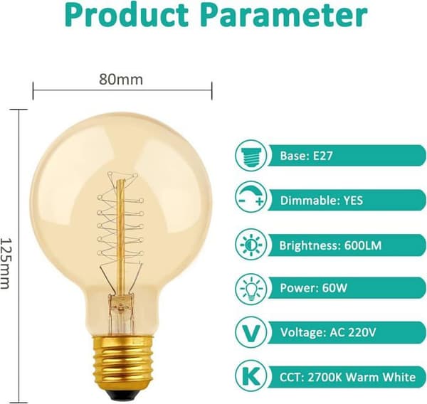 Vintage Globe G80 E27 Dimbar 60W Varm Hvit 2700K, 600lm, Pakke med 2