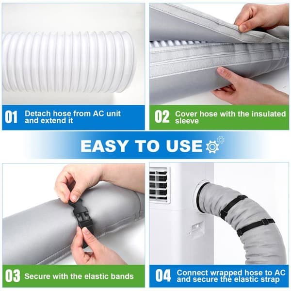 2 stk. isolerende ærme – 3-lags termisk isolering med 6 stropper – til bærbar aircondition – grå 150x53cm