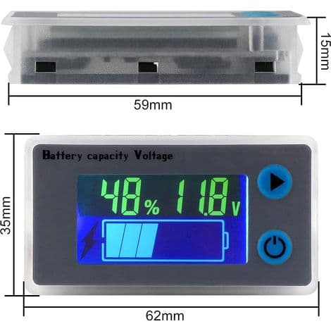 Multifunksjons voltmeter 10-100V LCD batterikapasitetsmåler, temperaturvisning (12V)