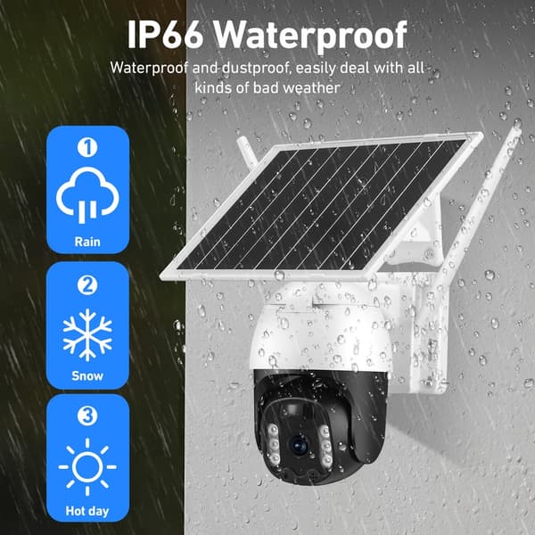 Solar Panel Sikkerhets IP-kamera, Batteridrevet Overvåkingskamera, Nattsyn, 4G, Front PTZ