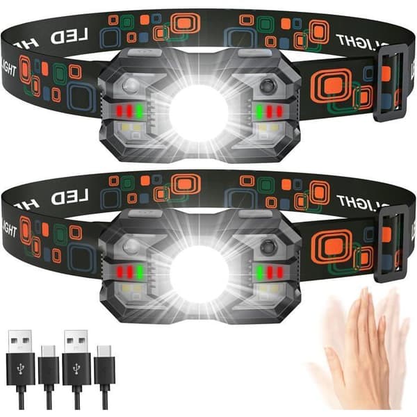 Pannlampa - 2-pack - 2000 lm - 20 timmars batteritid - Vattentät med rött ljus