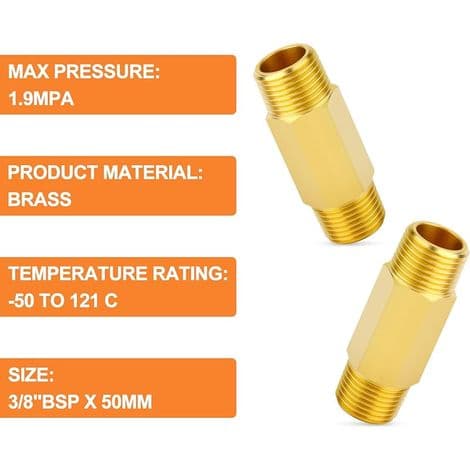2-delt messing, 3/8 BSP udvendigt gevindrørfittings, 50 mm lang messingrørfitting