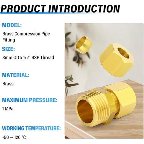 Stk. messing kompressionsfitting, 8 mm rør x 1/2\" BSP han, lige fitting, til kobber-, plast- og aluminiumsrør