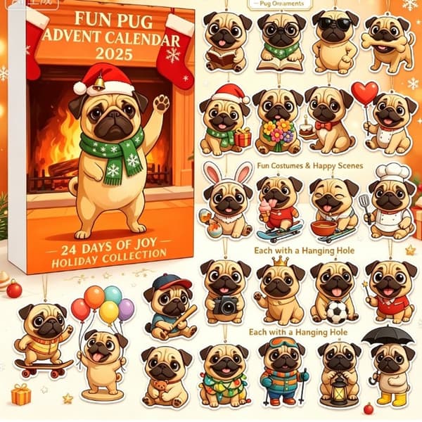 Morsom Mops Julekalender 2026, 24-dagers nedtelling til jul med 2D flate mops-hundeheng