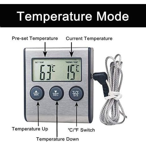 Stor digital LCD-termometer för matlagning och kött, med temperaturprob i rostfritt stål