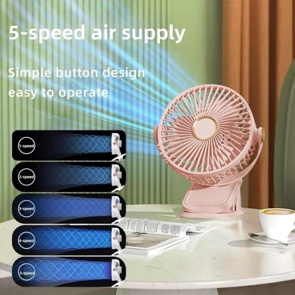 Mini USB-blæser, støjsvag, 5 hastigheder. 360° rotation. Lille bordventilator. Ophæng – Pink.