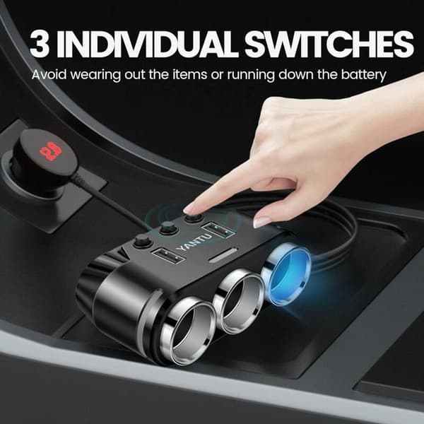 Cigarettænderadapter - 3 stik - 2 USB-porte - LED-display - Integreret sikkerhed