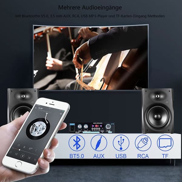 Bluetooth-forstærker - HiFi - Mini 2-kanals forstærker - Sort - 0,55 kg - Trådløs