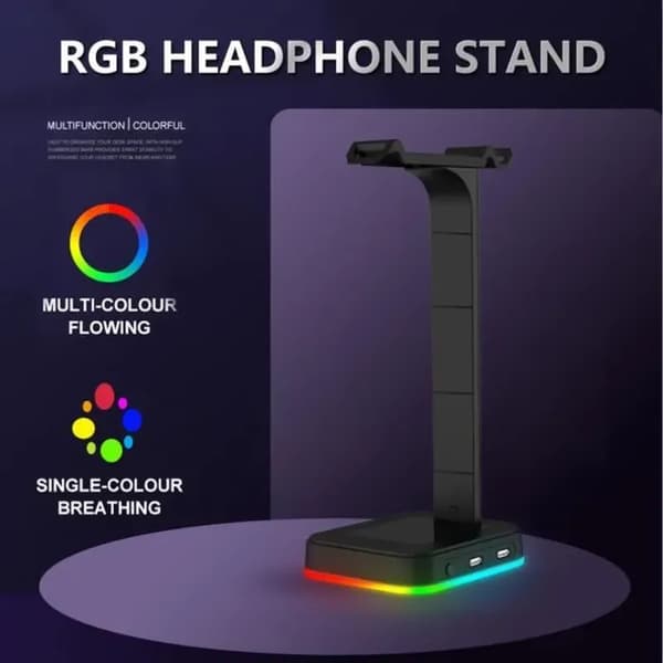Premium RGB-gamingheadsetställ, dubbelt headsetställ, basdisplayställ, 2 USB-portar