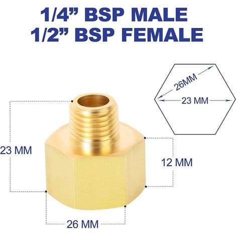 2-delt messingrørreduksjonsadapter, 1/2\" BSP hunn til 1/4\" BSP hannkobling