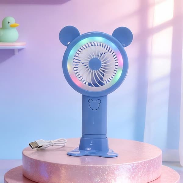Bærbar ventilator til børn - tegneseriedesign - USB genopladelig - lysende - støjsvag - blå LED-ventilator