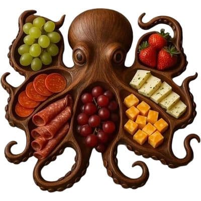 Træfad formet som en blæksprutte, 7 rum, til servering af oste/saucer/charcuteri/nødder, snackskål.