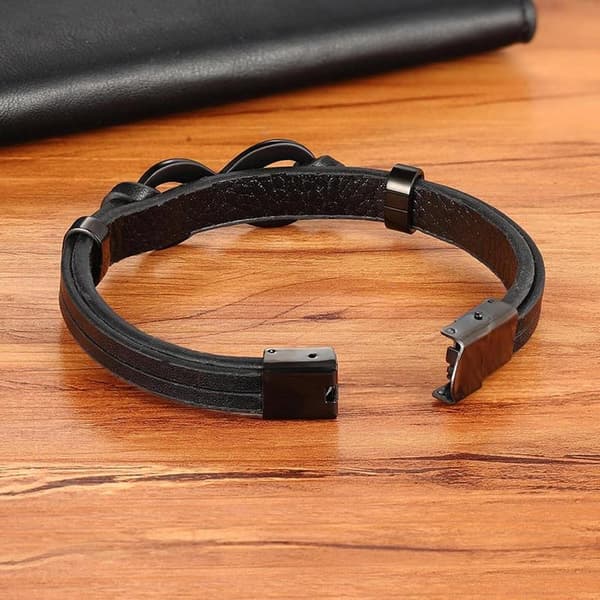 Armbånd i rustfrit stål og læder, uendelighedsmønster, sort, til mænd.