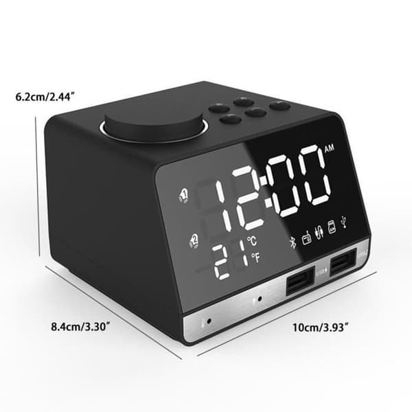 Digital vekkerklokkeradio, Bluetooth-høyttaler, doble alarmer, 2 USB-porter, AUX, TF-kort, U-disk, romtermometerdisplay