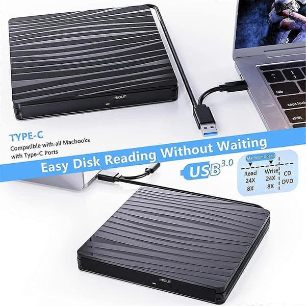 Eksternt Cd/dvd-drev til bærbar computer, Usb 3.0 Type-c bærbart Cd Dvd +/-rw-brænder optisk drev læser skriver Dvd-afspiller