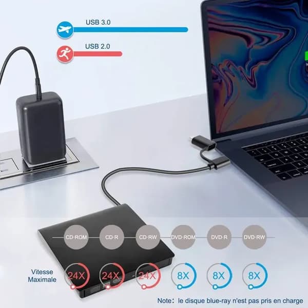 Eksternt USB 3.0 CD/DVD-drev - DVD-RW-brænder - Kompakt - Windows/Mac/Linux