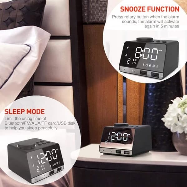 Digital vekkerklokkeradio, Bluetooth-høyttaler, doble alarmer, 2 USB-porter, AUX, TF-kort, U-disk, romtermometerdisplay