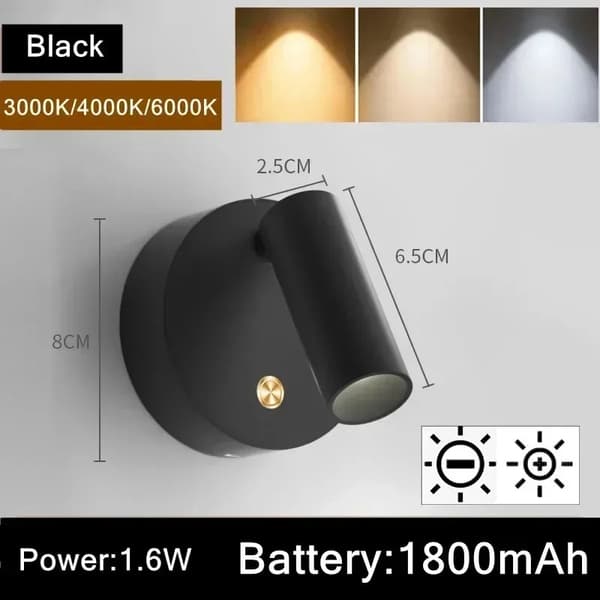 USB Genopladelig LED Væglampe med Sød Touch, Dæmpbar Magnetisk Base, Sort/mcj