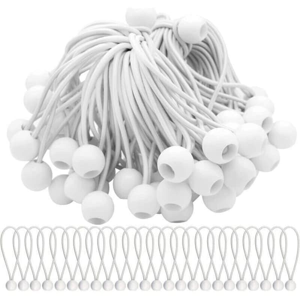 Förpackning med 75 elastiska spännare, elastiska snören med kulor, gummiband, elastiska kulor för markiser, tält, banderoller och presenningar.