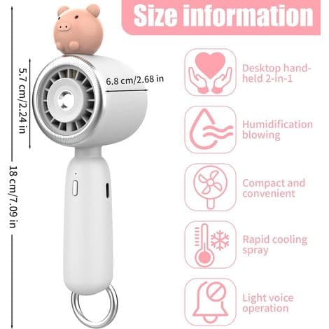 Mini bærbar vandsprayventilator - USB genopladelig 1200mAh sød gris design bordventilator, hvid