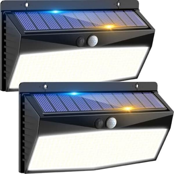 Sett med 2 utendørs solcellelamper med 368 LED, bevegelsessensor, 3 lysmoduser, IP65 vanntett, varmhvitt lys.