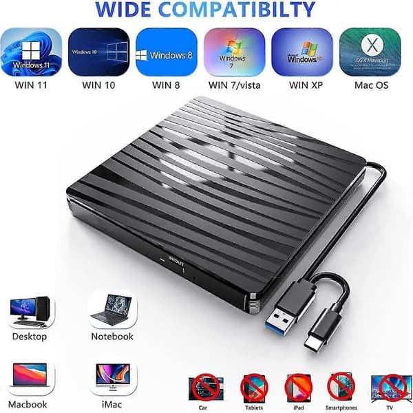 Eksternt Cd/dvd-drev til bærbar computer, Usb 3.0 Type-c bærbart Cd Dvd +/-rw-brænder optisk drev læser skriver Dvd-afspiller