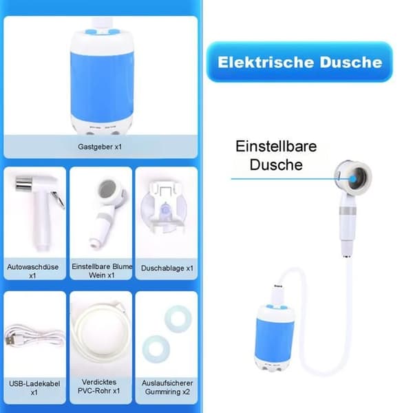 Elektrisk campingdusch, USB 5V, 2m slang, 60-120min batteritid + 8 tillbehör, ABS, handsfree