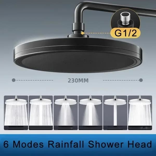 Højtryksregnbruserhoved, 6 tilstande, 361° rotation, top spray brusetilbehør, nyt, sort