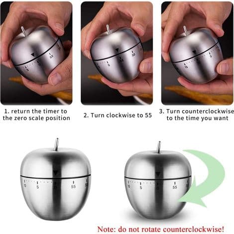 Æbleformet køkkentimer med manuel mekanisk rotationsalarm, rustfrit stål