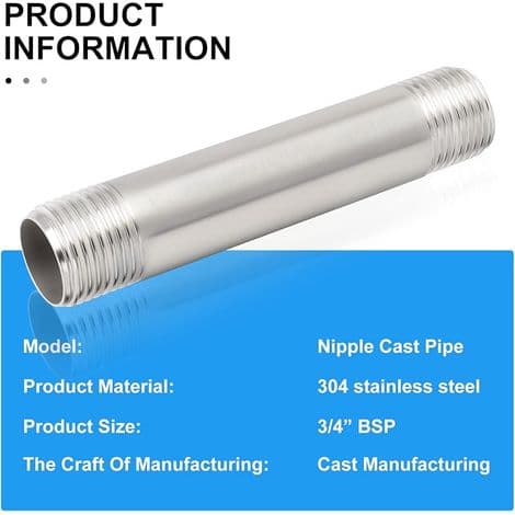 Stk. 400 mm 3/4\" x 3/4\" Han BSP Nipler Støbt Rør 304 Rustfrit Stål Rørfittings