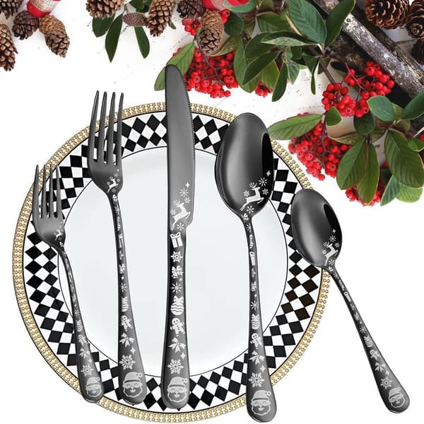 Julebestiksæt 20 dele til 4 personer, sorte bestik i rustfrit stål til hjem og restaurant