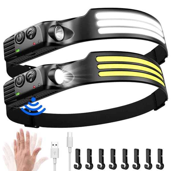 JORMFTTE LED Hodelykt, 3000 Lumen 230° USB Oppladbar Hodelykt med Bevegelsessensor, 5 Lysmoduser