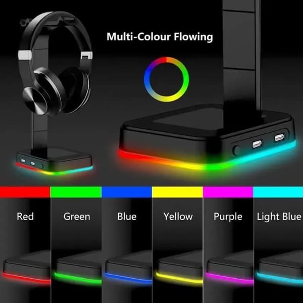 Premium RGB-gamingheadsetställ, dubbelt headsetställ, basdisplayställ, 2 USB-portar