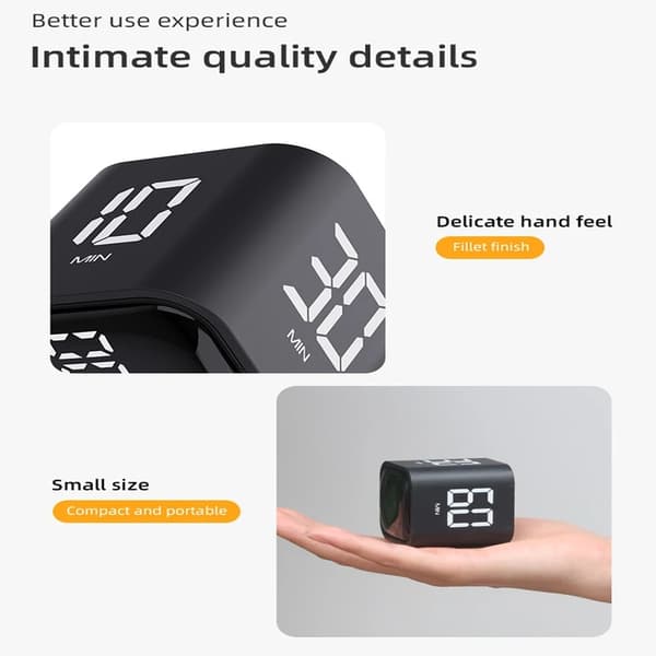 Mini Digital Timer med Gravitationssensor, LED-Display, 4 Forudindstillinger, Turisttilstande, Nedtælling, Madlavning Sort