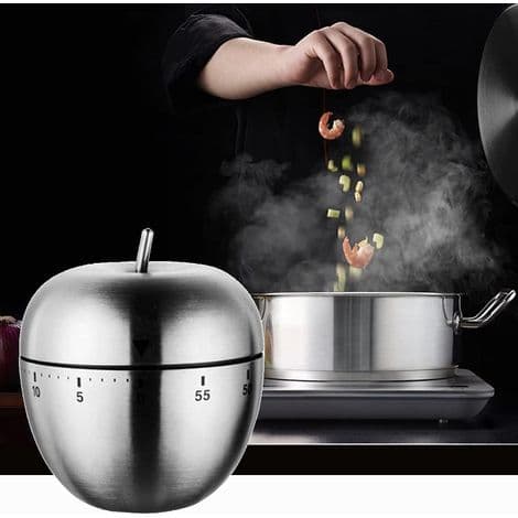 Æbleformet køkkentimer med manuel mekanisk rotationsalarm, rustfrit stål