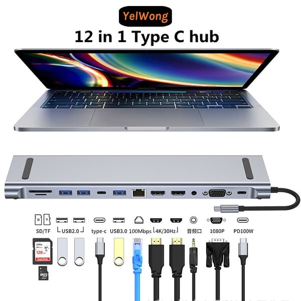 12 i 1 dockningsstation typ-c expansion, PC, dator, expansionstillbehör