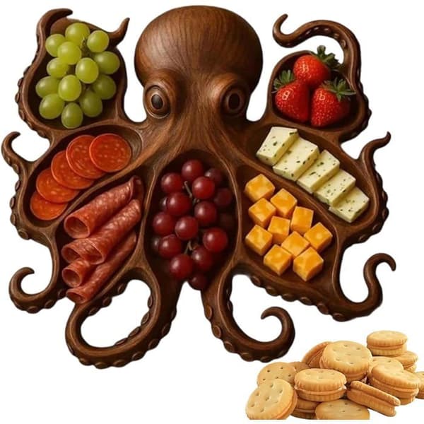 Træfad formet som en blæksprutte, 7 rum, til servering af oste/saucer/charcuteri/nødder, snackskål.