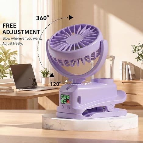 Mini USB Clip-On Ventilator, Mini Genopladelig Ventilator med Befugterspray, 4 Hastigheder, Mini Bærbar Ventilator (Lilla)